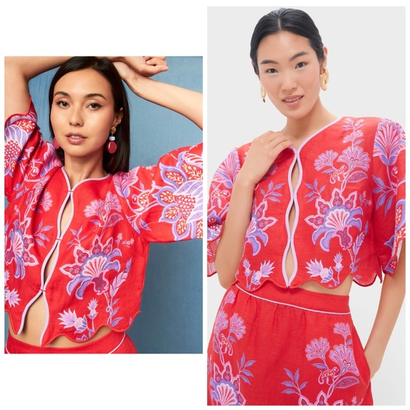 FARM Rio Tops - Farm Rio Porcelain Garden Linen Blouse Red Floral XL